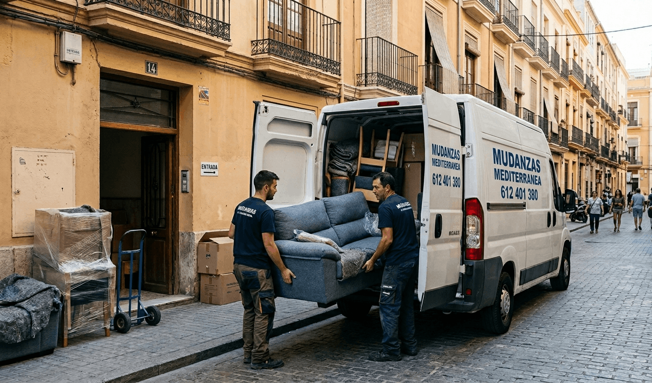 Transporte de mobiliario en furgoneta de mudanzas en zona residencial