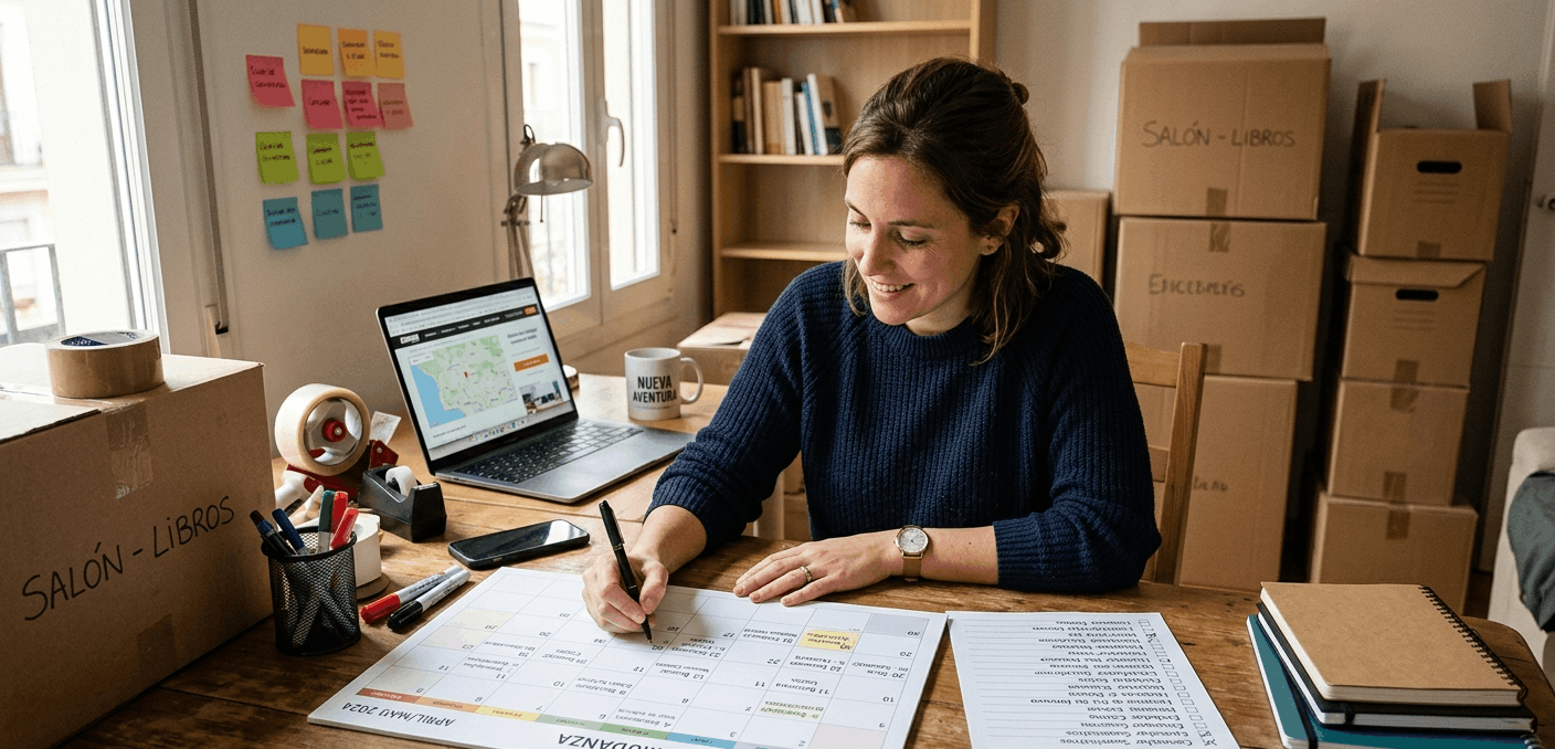 Persona planificando una mudanza con calendario y lista de tareas