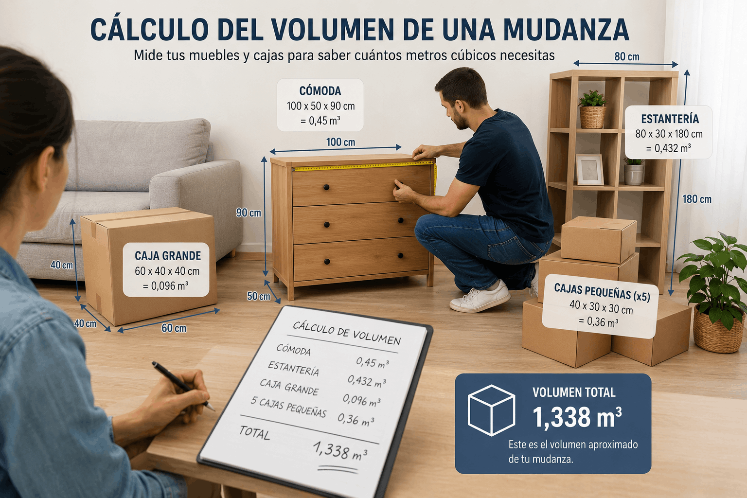 Cálculo del volumen de una mudanza midiendo muebles y cajas para obtener los metros cúbicos necesarios.