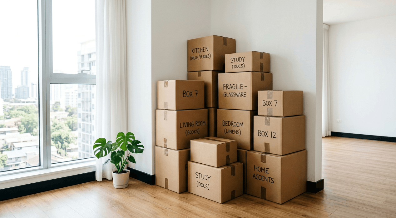 Torres de cajas de cartón marrones etiquetadas y encintadas listas para el cálculo de volumen de mudanza.