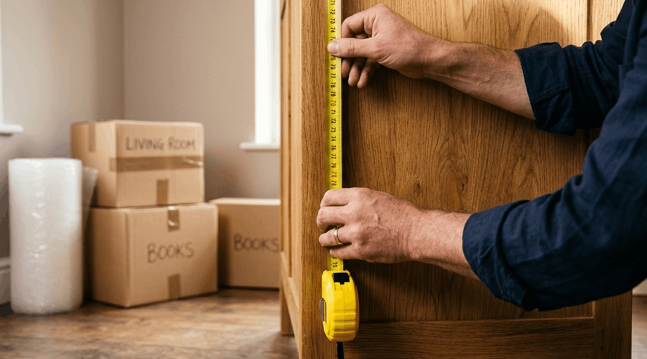 Persona midiendo un mueble de madera con una cinta métrica para calcular su volumen en metros cúbicos.