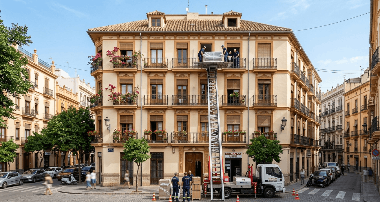 Plataforma elevadora exterior de mudanzas trabajando en la fachada de un edificio urbano