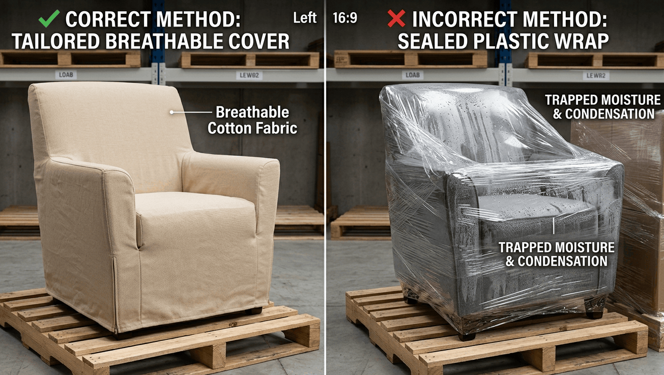 Comparación entre cubrir muebles con funda de tela transpirable recomendada frente al plástico sellado no recomendado.